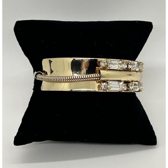 Gold-tone Cuff Bracelet Art Deco Style with Mirror Finish Crystal Baguettes - Picture 4 of 11